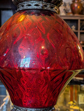 Load image into Gallery viewer, 1950's Large Carl Falkenstein Table Lamp With Ruby Red Embossed Glass Shade - Rewired
