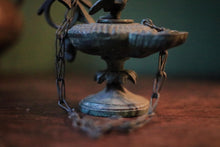 Load image into Gallery viewer, Antique Romanesque Bronze Oil Lamp With Chi-Rho Cross &amp; Bird Finial
