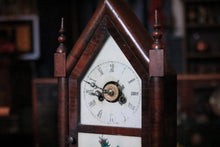 Load image into Gallery viewer, Antique Jerome &amp; Co Alarm Steeple Mantel Clock - Gothic Revival Rose Glass - Working American Shelf Clock, 39cm
