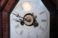 Load image into Gallery viewer, Antique Jerome &amp; Co Alarm Steeple Mantel Clock - Gothic Revival Rose Glass - Working American Shelf Clock, 39cm
