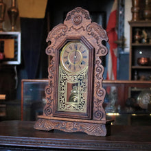 Load image into Gallery viewer, Antique Ansonia Carved Wood Mantel Clock With Brass Pendulum &amp; Ornate Glass Door, Roman Dial, Working – 57cm

