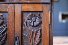 Load image into Gallery viewer, Antique Arts and Crafts Carved Oak Smoker’s / Pipe Cabinet C.1910
