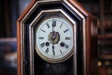 Load image into Gallery viewer, Antique Mantel Clock With Walnut Case, Glazed Door, Roman Numeral Dial &amp; Pendulum - Working - 32 x 22 x 9.5cm
