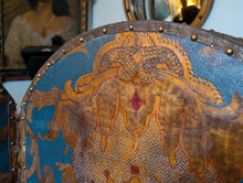 Load image into Gallery viewer, Antique Six-Panel Folding Screen Room Divider - Blue &amp; Gilt Baroque Panels With Damask Reverse - Approx 1.8m Tall
