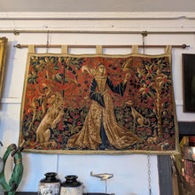 Load image into Gallery viewer, Vintage Medieval Style Woven Tapestry Wall Hanging With Falconer &amp; Lion - 121.5 x 77 cm - With 146 cm Pole

