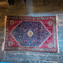 Load image into Gallery viewer, 5'1" x 3'3" - Vintage Tribal Medallion Hand-Knotted Wool Rug - Red &amp; Midnight Blue - 154 x 100 cm
