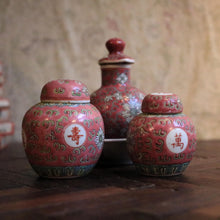 Load image into Gallery viewer, Vintage Chinese Pink Chinoiserie Lidded Ginger Jars &amp; Stoppered Bottle Trio
