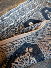 Load image into Gallery viewer, Vintage Bokhara Tribal Hand-Knotted Wool Rug - Inky Navy, Sand &amp; Faded Rose - 62 X 100 Cm
