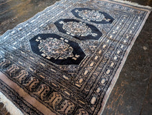 Load image into Gallery viewer, Vintage Bokhara Tribal Hand-Knotted Wool Rug - Inky Navy, Sand &amp; Faded Rose - 62 X 100 Cm
