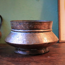 Load image into Gallery viewer, Antique Hand-Engraved Copper Bowl, Middle Eastern Tinned Interior Vessel, 10.5 Cm Tall, 17.5 Cm Diameter
