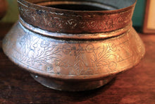 Load image into Gallery viewer, Antique Hand-Engraved Copper Bowl, Middle Eastern Tinned Interior Vessel, 10.5 Cm Tall, 17.5 Cm Diameter
