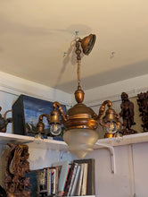 Load image into Gallery viewer, Vintage C.1930 Brass 4-Arm Chandelier With Frosted Etched Glass Bowl Shade - Neoclassical Empire Revival Ceiling Light
