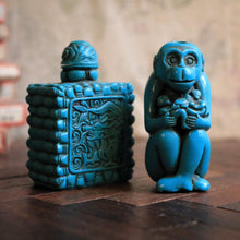 Load image into Gallery viewer, Vintage Chinese Turquoise Resin Snuff Bottles – Carved Dragon &amp; Monkey Figures, 6 Cm Tall
