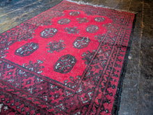 Load image into Gallery viewer, 2'7" X 4'4" - Vintage Afghan Turkoman Bokhara-Style Hand-Knotted Wool Rug - Madder Red &amp; Charcoal - 79 X 132 Cm
