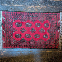 Load image into Gallery viewer, 2'7" X 4'4" - Vintage Afghan Turkoman Bokhara-Style Hand-Knotted Wool Rug - Madder Red &amp; Charcoal - 79 X 132 Cm
