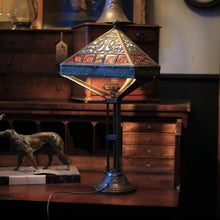Load image into Gallery viewer, Antique Arts And Crafts Stained Glass Table Lamp - Pierced Metal Prairie Shade - Red &amp; Green Glass - 60 Cm Tall
