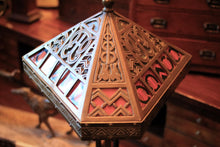 Load image into Gallery viewer, Antique Arts And Crafts Stained Glass Table Lamp - Pierced Metal Prairie Shade - Red &amp; Green Glass - 60 Cm Tall
