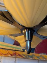 Load image into Gallery viewer, Vintage Art Deco Shell Flower Pendant Light With Frosted Glass Shades, 4-Light Brass Tone Chandelier
