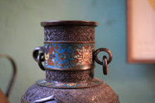 Load image into Gallery viewer, Antique Japanese Meiji Period Champlevé Enamel Vase With Bird Panel &amp; Elephant Band, Ring Handles, 21cm 8.27in

