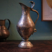 Load image into Gallery viewer, Vintage Engraved Indian Ewer Jug - Cobra Handle - Floral Bird Etched Pitcher

