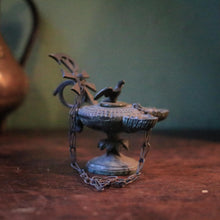 Load image into Gallery viewer, Antique Romanesque Bronze Oil Lamp With Chi-Rho Cross &amp; Bird Finial
