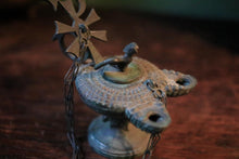 Load image into Gallery viewer, Antique Romanesque Bronze Oil Lamp With Chi-Rho Cross &amp; Bird Finial
