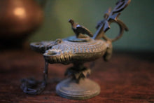 Load image into Gallery viewer, Antique Romanesque Bronze Oil Lamp With Chi-Rho Cross &amp; Bird Finial
