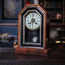 Load image into Gallery viewer, Antique Mantel Clock With Walnut Case, Glazed Door, Roman Numeral Dial &amp; Pendulum - Working - 32 x 22 x 9.5cm
