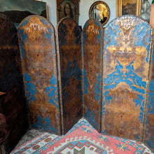 Load image into Gallery viewer, Antique Six-Panel Folding Screen Room Divider - Blue &amp; Gilt Baroque Panels With Damask Reverse - Approx 1.8m Tall
