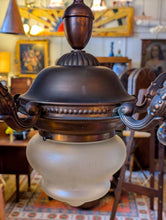 Load image into Gallery viewer, Vintage C.1930 Brass 4-Arm Chandelier With Frosted Etched Glass Bowl Shade - Neoclassical Empire Revival Ceiling Light
