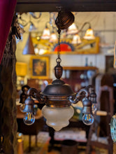 Load image into Gallery viewer, Vintage C.1930 Brass 4-Arm Chandelier With Frosted Etched Glass Bowl Shade - Neoclassical Empire Revival Ceiling Light

