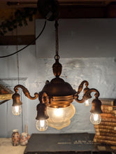 Load image into Gallery viewer, Vintage C.1930 Brass 4-Arm Chandelier With Frosted Etched Glass Bowl Shade - Neoclassical Empire Revival Ceiling Light
