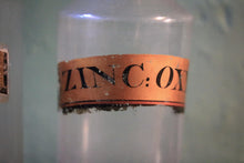 Load image into Gallery viewer, Antique Apothecary Bottle Trio With Stoppers, Original Pharmacy Labels, Clear Glass Chemist Jars, Tallest 25 cm (9.84")
