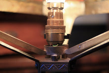 Load image into Gallery viewer, Antique Arts And Crafts Stained Glass Table Lamp - Pierced Metal Prairie Shade - Red &amp; Green Glass - 60 Cm Tall
