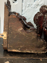 Load image into Gallery viewer, Antique Carved Wooden Corner Wall Brackets Pair - Gothic Revival Grotesque Mask Corbels  - 21cm Tall x 23cm
