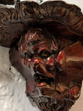 Load image into Gallery viewer, Antique Carved Wooden Corner Wall Brackets Pair - Gothic Revival Grotesque Mask Corbels  - 21cm Tall x 23cm
