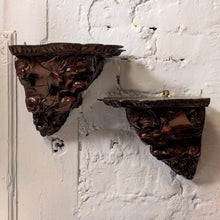 Load image into Gallery viewer, Antique Carved Wooden Corner Wall Brackets Pair - Gothic Revival Grotesque Mask Corbels  - 21cm Tall x 23cm
