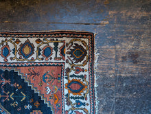 Load image into Gallery viewer, 4'11" x 3'5" - Vintage Kurdish Geometric Wool Rug With Medallion Design - Indigo Blue, Terracotta &amp; Soft Ivory - 152 x 103 cm
