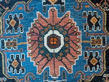 Load image into Gallery viewer, 4'11" x 3'5" - Vintage Kurdish Geometric Wool Rug With Medallion Design - Indigo Blue, Terracotta &amp; Soft Ivory - 152 x 103 cm
