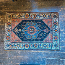 Load image into Gallery viewer, 4'11" x 3'5" - Vintage Kurdish Geometric Wool Rug With Medallion Design - Indigo Blue, Terracotta &amp; Soft Ivory - 152 x 103 cm
