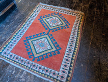 Load image into Gallery viewer, 4'3" x 3'2" - Vintage Anatolian Geometric Wool Rug - Terracotta Orange, Sky Blue &amp; Soft Ivory - 129 x 96 cm
