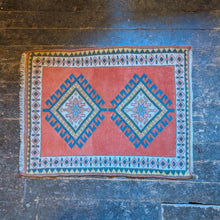 Load image into Gallery viewer, 4'3" x 3'2" - Vintage Anatolian Geometric Wool Rug - Terracotta Orange, Sky Blue &amp; Soft Ivory - 129 x 96 cm
