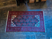 Load image into Gallery viewer, 3'7" x 6'5" - Vintage Afghan Baluch (Baluchi) Tribal Hand-Knotted Wool Rug - Madder Red, Indigo &amp; Ivory - 109 x 196 cm
