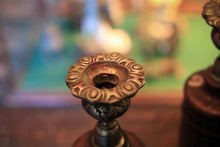 Load image into Gallery viewer, Set Of Four Vintage Turned Wooden Candlesticks With Brass Sconces - 30cm / 11.8" Tall
