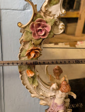 Load image into Gallery viewer, Vintage C.1950's Sherholtz Dresden Hand-Painted Porcelain Cherub Wall Mirror - VNP - Rose Garland Rococo - 63 x 24 cm
