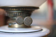 Load image into Gallery viewer, Vintage Duplex Oil Lamp - Opaline Milk Glass Globe Shade - Floral Ceramic Font - 59cm Tall
