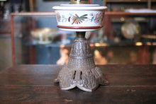 Load image into Gallery viewer, Vintage Duplex Oil Lamp - Opaline Milk Glass Globe Shade - Floral Ceramic Font - 59cm Tall
