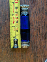 Load image into Gallery viewer, Antique Victorian Cobalt Blue Cut Glass Scent Bottle - Ornate Hinged Silver Cap - 9 cm
