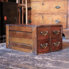 Load image into Gallery viewer, Antique Early 20th Century Card Index Filing Cabinet - 4 Drawer Wooden Desktop File - Brass Handles - 39 x 28 x 50 cm
