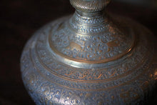Load image into Gallery viewer, Antique Indian Brass Surahi Pair - Engraved Figural &amp; Floral - 27cm tall

